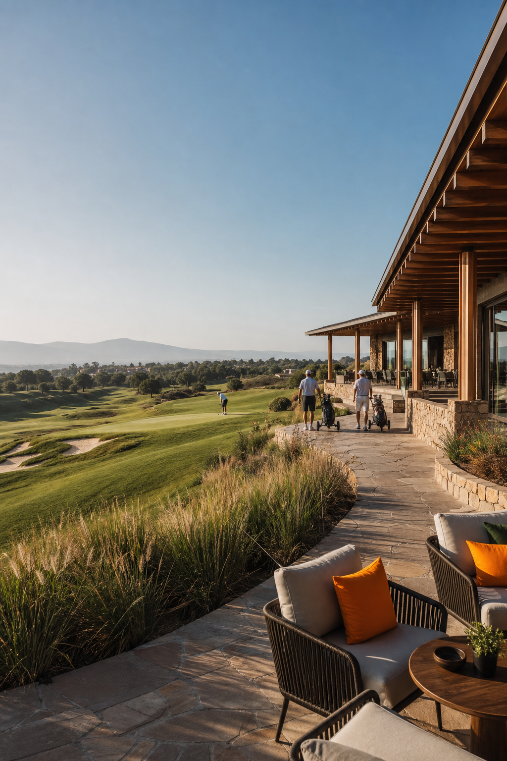Moderner europäischer Golfclub mit Blick auf den Platz